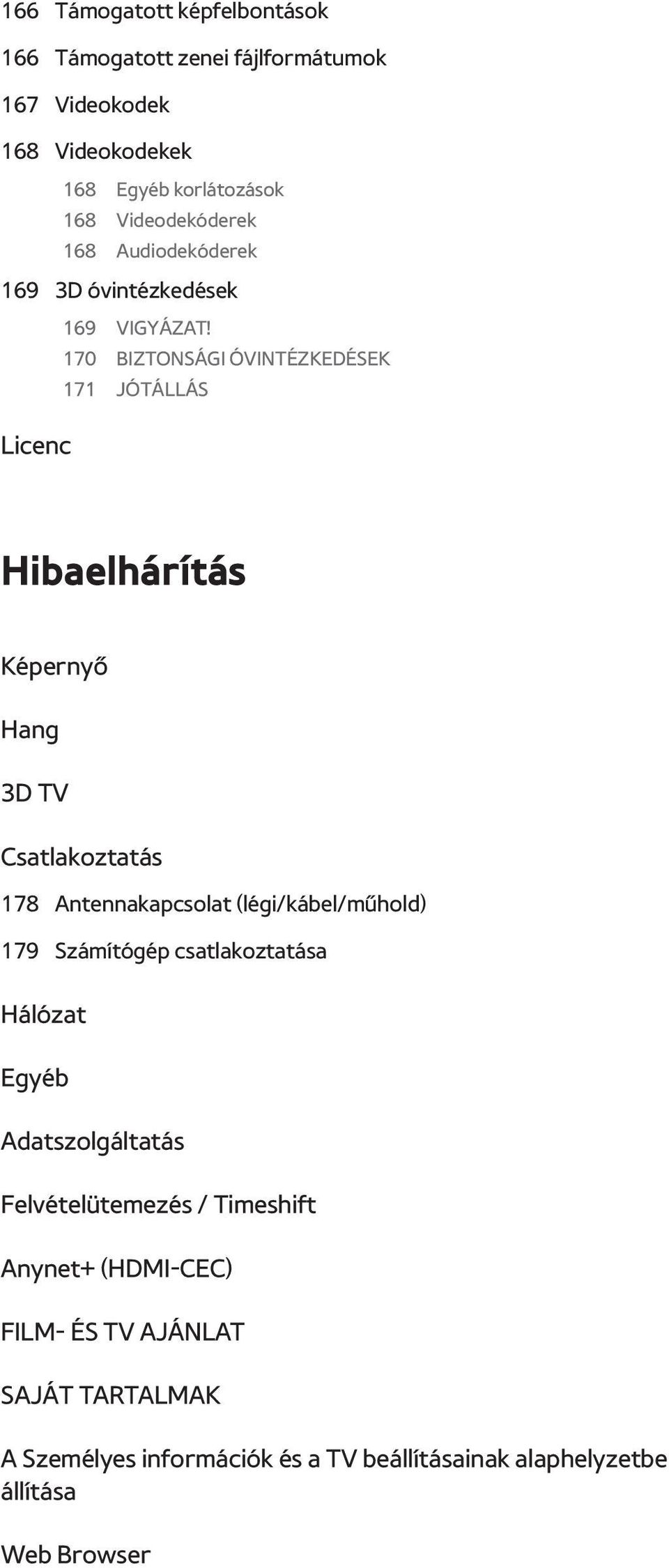 170 BIZTONSÁGI ÓVINTÉZKEDÉSEK 171 JÓTÁLLÁS Licenc Hibaelhárítás Képernyő Hang 3D TV Csatlakoztatás 178 Antennakapcsolat (légi/kábel/műhold)