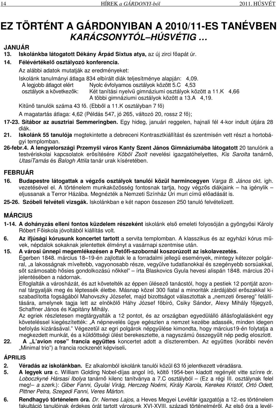 A legjobb átlagot elért Nyolc évfolyamos osztályok között 5.C 4,53 osztályok a következők: Két tanítási nyelvű gimnáziumi osztályok között a 11.K 4,66 A többi gimnáziumi osztályok között a 13.A 4,19.