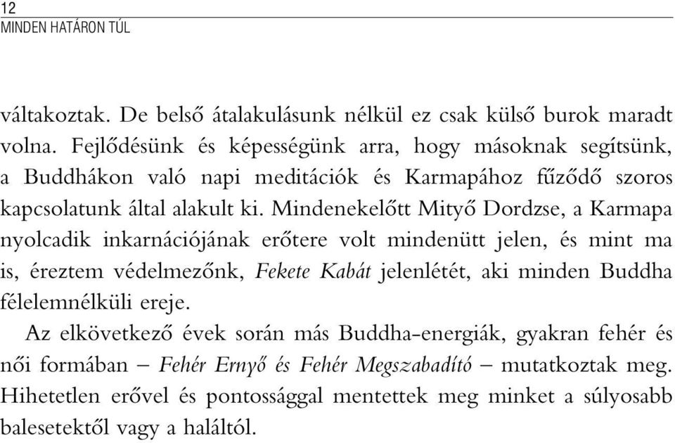 Mindenekelõtt Mityõ Dordzse, a Karmapa nyolcadik inkarnációjának erõtere volt mindenütt jelen, és mint ma is, éreztem védelmezõnk, Fekete Kabát jelenlétét, aki minden