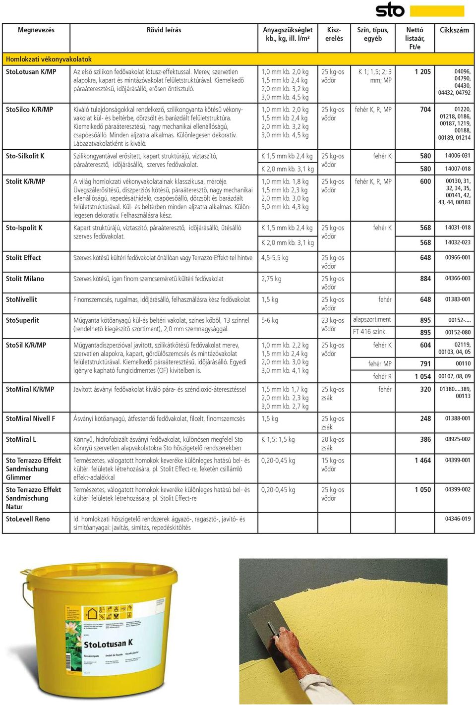 StoSilco K/R/MP Sto-Silkolit K Stolit K/R/MP Sto-Ispolit K Kiváló tulajdonságokkal rendelkező, szilikongyanta kötésű vékonyvakolat kül- és beltérbe, dörzsölt és barázdált felületstruktúra.