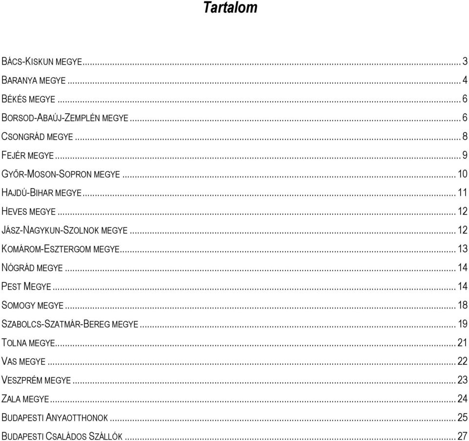 .. 12 KOMÁROM-ESZTERGOM MEGYE... 13 NÓGRÁD MEGYE... 14 PEST MEGYE... 14 SOMOGY MEGYE... 18 SZABOLCS-SZATMÁR-BEREG MEGYE.