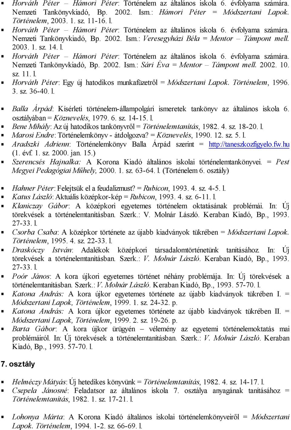 Horváth Péter Hámori Péter: Történelem az általános iskola 6. évfolyama számára. Nemzeti Tankönyvkiadó, Bp. 2002. Ism.: Sári Éva = Mentor Támpont mell. 2002. 10. sz. 11. l.