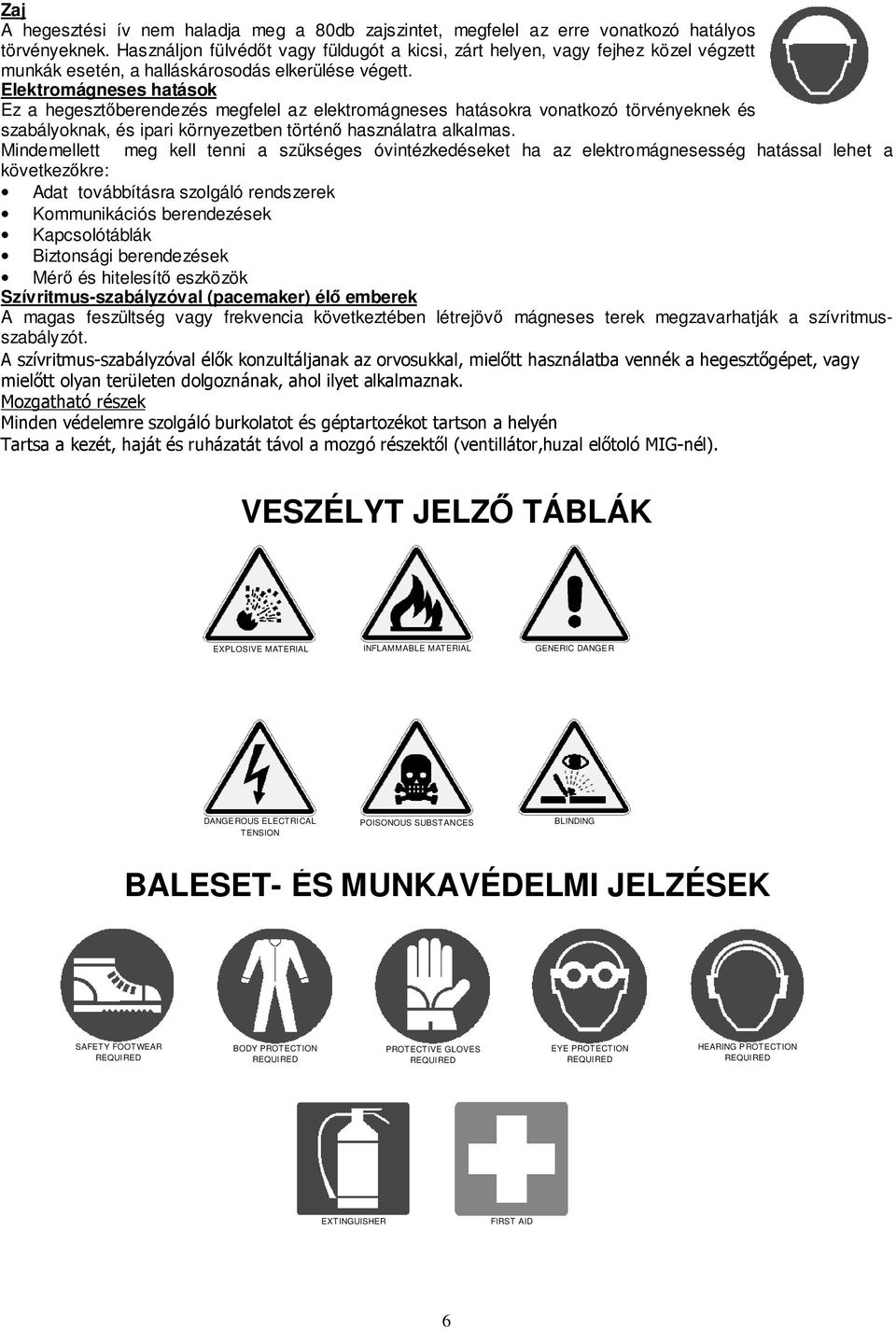 Elektromágneses hatások Ez a hegesztıberendezés megfelel az elektromágneses hatásokra vonatkozó törvényeknek és szabályoknak, és ipari környezetben történı használatra alkalmas.