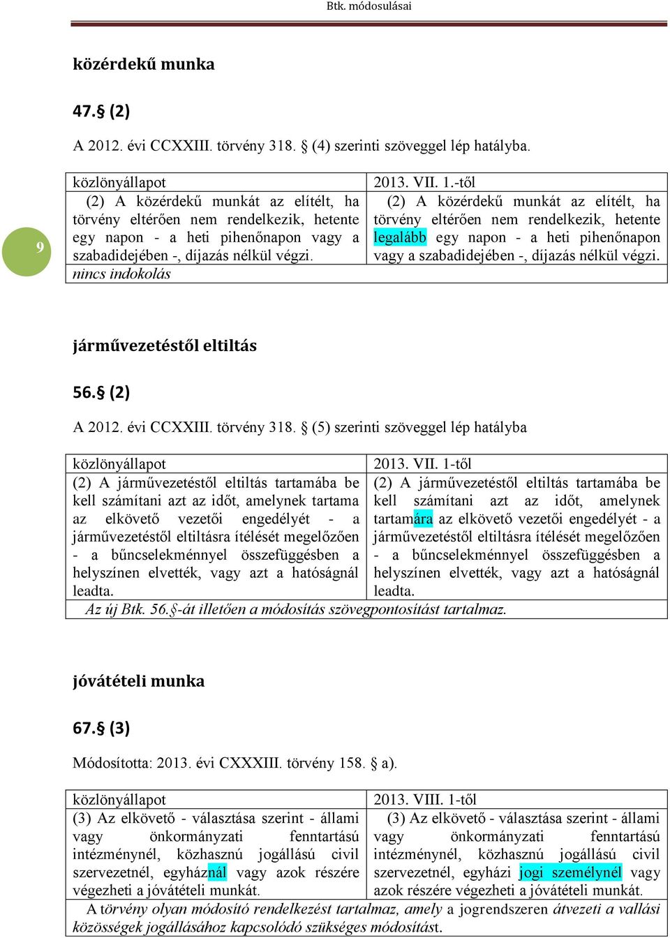 -től (2) A közérdekű munkát az elítélt, ha törvény eltérően nem rendelkezik, hetente legalább egy napon - a heti pihenőnapon vagy a szabadidejében -, díjazás nélkül végzi. járművezetéstől eltiltás 56.