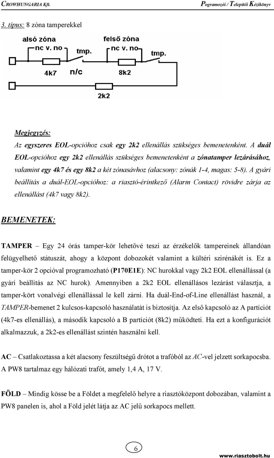 A gyári beállítás a duál-eol-opcióhoz: a riasztó-érintkező (Alarm Contact) rövidre zárja az ellenállást (4k7 vagy 8k2).