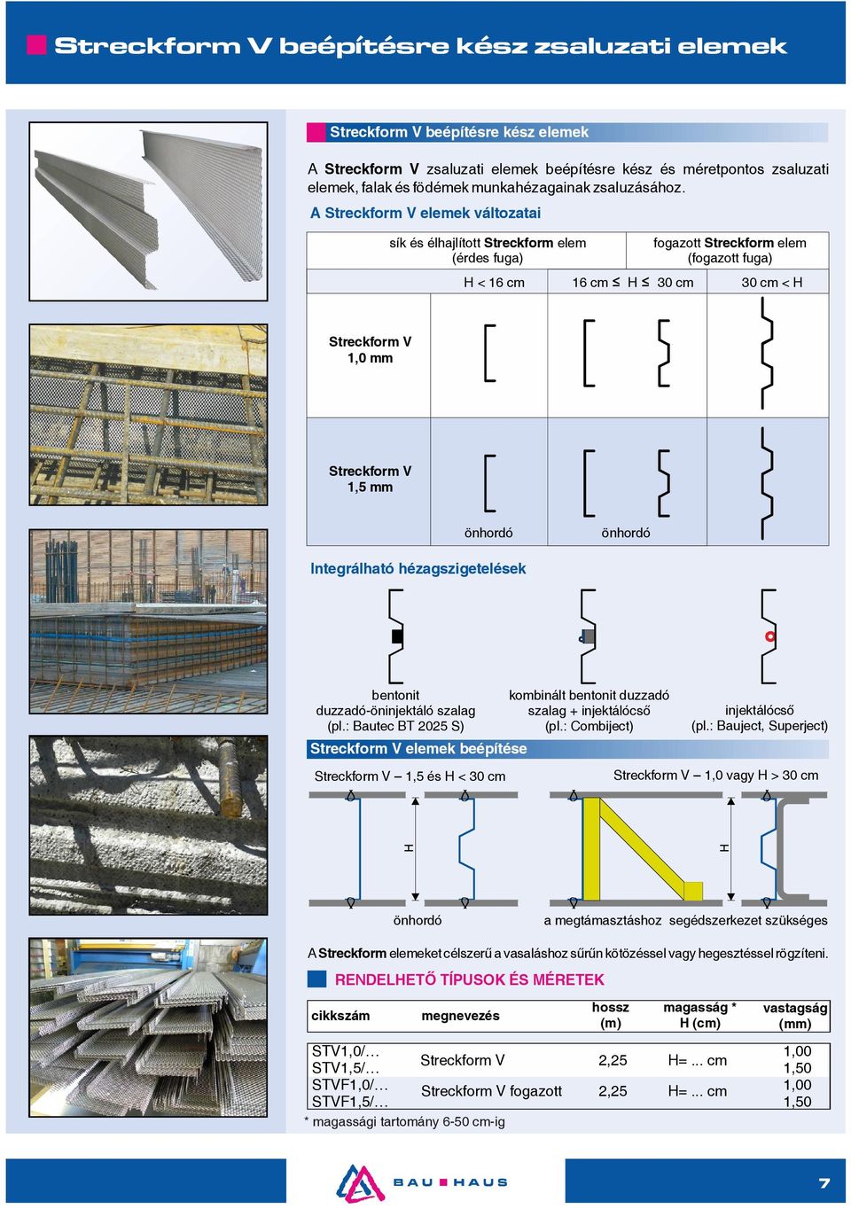A Streckform V elemek változatai sík és élhajlított Streckform elem (érdes fuga) H < 16 cm 16 cm H 30 cm fogazott Streckform elem (fogazott fuga) 30 cm < H Streckform V 1,0 mm Streckform V 1,5 mm