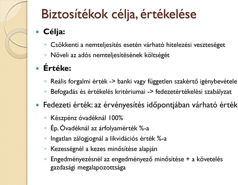 szabályzat Fedezeti érték: az érvényesítés időpontjában várható érték Készpénz óvadéknál 100% Ép.