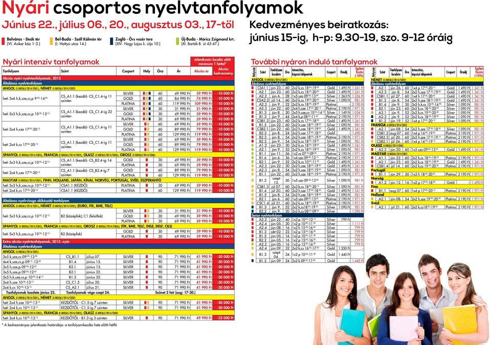 9-12 óráig Nyári intenzív tanfolyamok Jelentkezés kezdés előtt minimum 1 héttel* Tanfolyam Csoport Hely Óra Ár Akciós ár Akciós kedvezmény Akciós nyári nyelvtanfolyamok, 2015 ANGOL