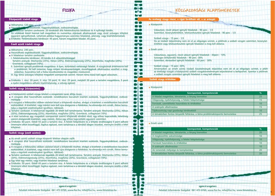 rövid szöveges kifejtést egyaránt igényelhetnek Lehetnek például hagyományos számítási feladatok, jelenség- vagy kísérletelemzések Értékelés: Feleletválasztós kérdéssor: 45 pont, három megoldott