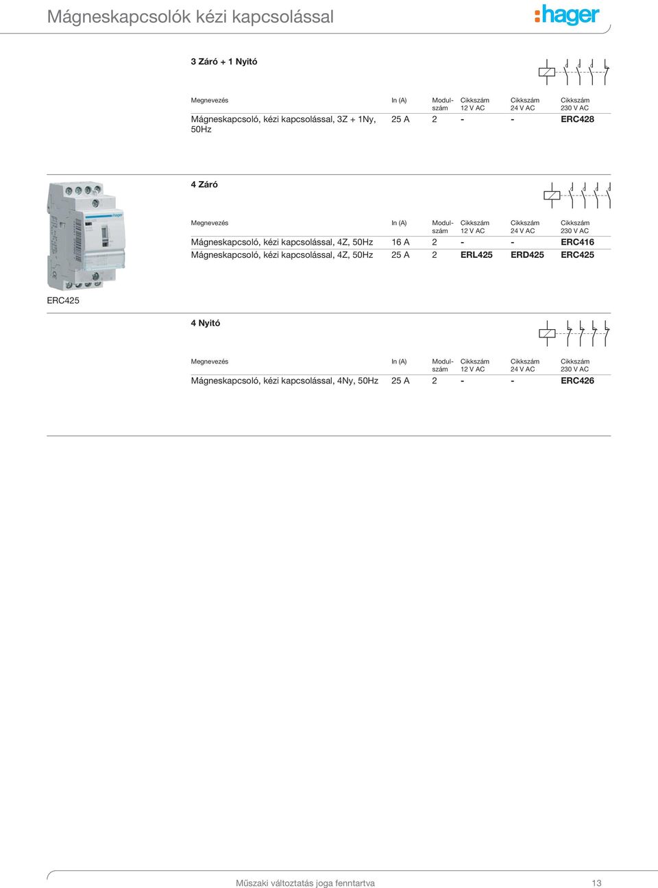 0Hz 1 A - - ERC1 Mágneskapcsoló, kézi kapcsolással, Z, 0Hz A ERL ERD ERC ERC