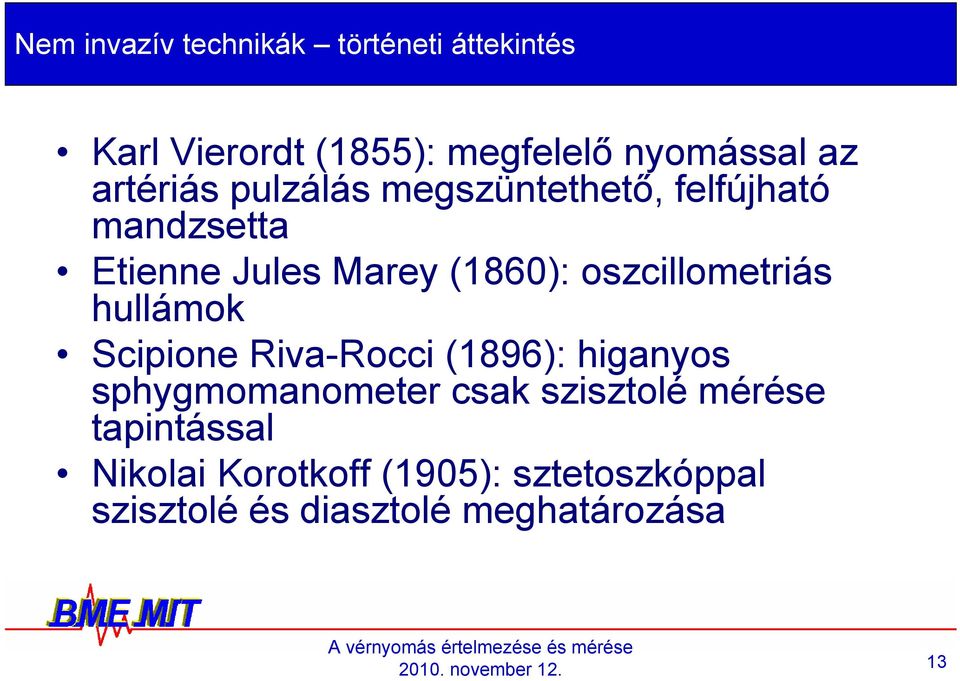 oszcillometriás hullámok Scipione Riva-Rocci (1896): higanyos sphygmomanometer csak