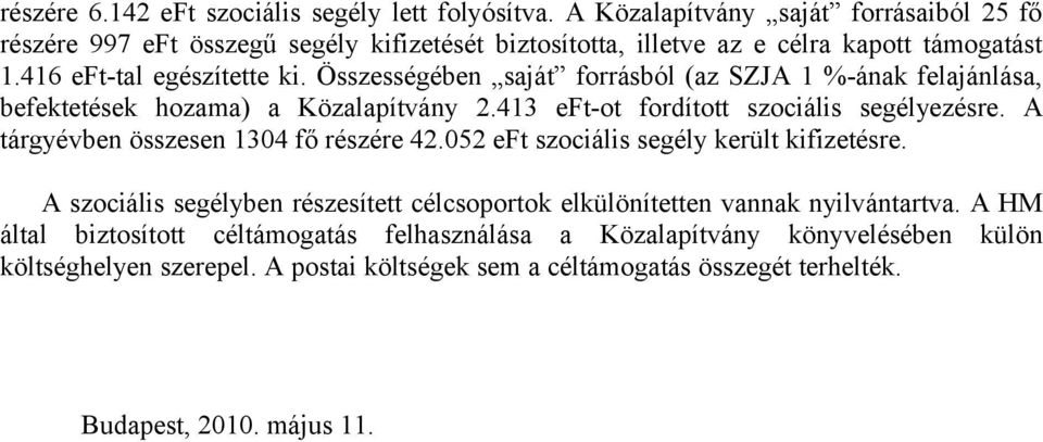 Összességében saját forrásból (az SZJA 1 %-ának felajánlása, befektetések hozama) a Közalapítvány 2.413 eft-ot fordított szociális segélyezésre.