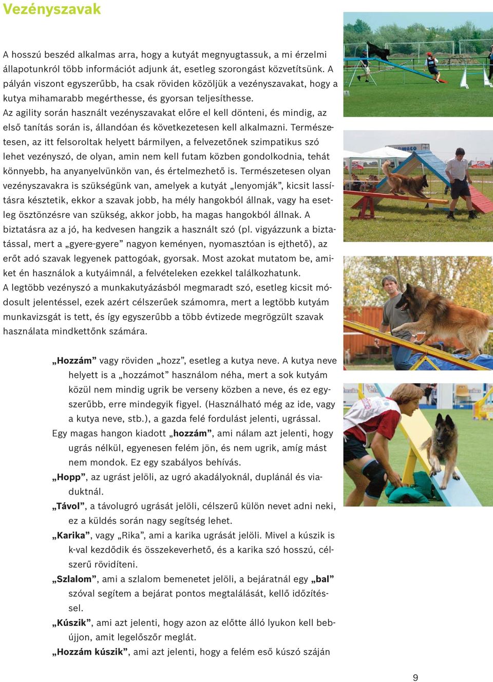 Az agility során használt vezényszavakat előre el kell dönteni, és mindig, az első tanítás során is, állandóan és következetesen kell alkalmazni.