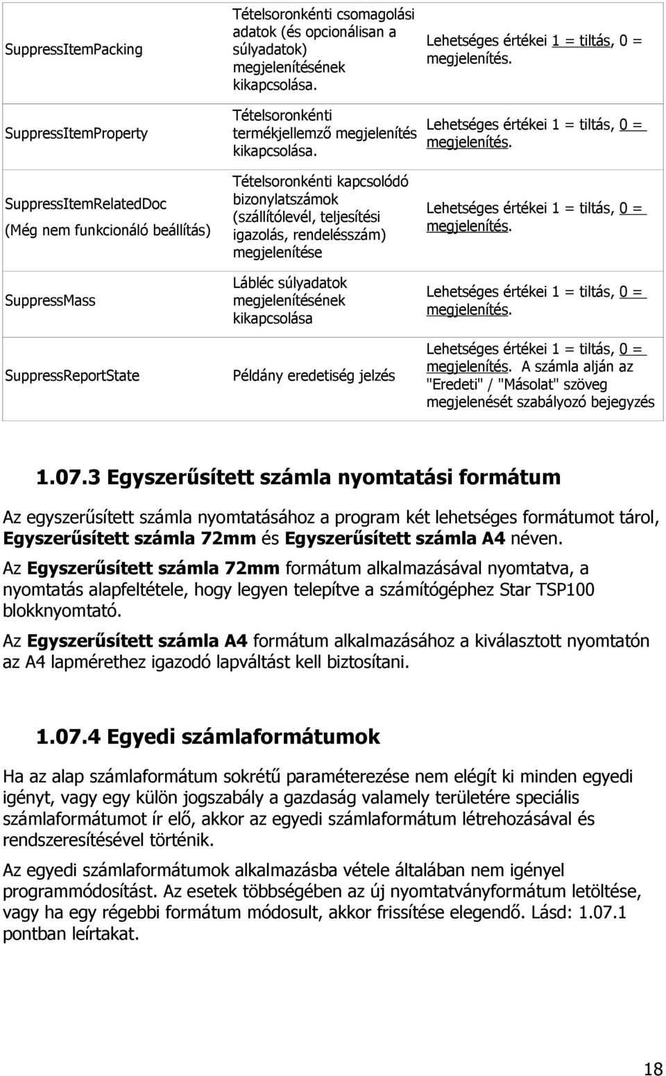 SuppressItemRelatedDoc (Még nem funkcionáló beállítás) SuppressMass SuppressReportState Tételsoronkénti kapcsolódó bizonylatszámok (szállítólevél, teljesítési igazolás, rendelésszám) megjelenítése