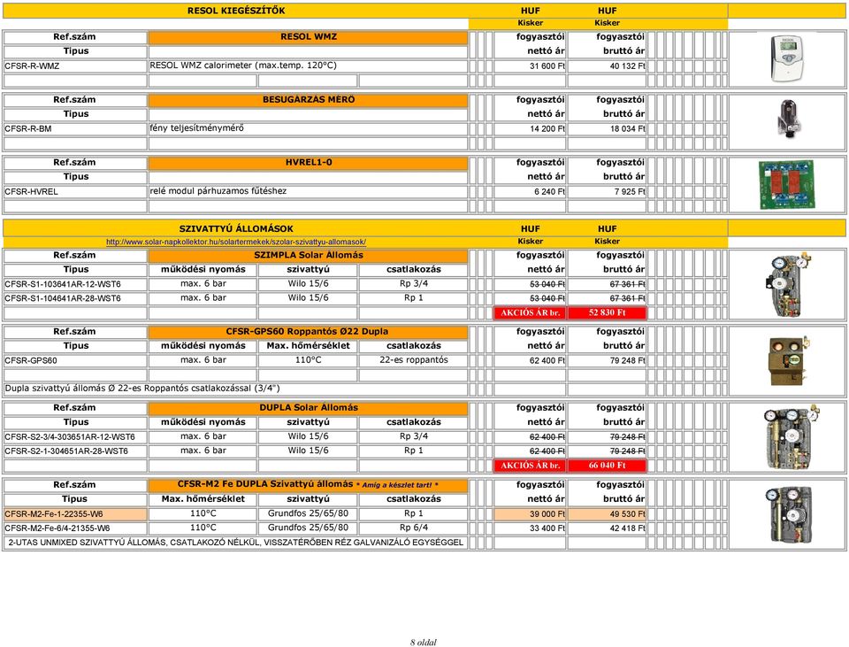 http://www.solar-napkollektor.hu/solartermekek/szolar-szivattyu-allomasok/ SZIMPLA Solar Állomás működési nyomás szivattyú csatlakozás CFSR-S1-103641AR-12-WST6 max.