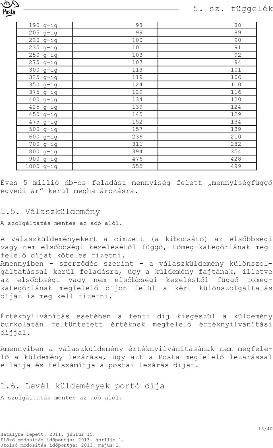 kerül meghatározásra. 1.5. Válaszküldemény A válaszküldeményekért a címzett (a kibocsátó) az elsőbbségi vagy nem elsőbbségi kezelésétől függő, tömeg-kategóriának megfelelő díjat köteles fizetni.