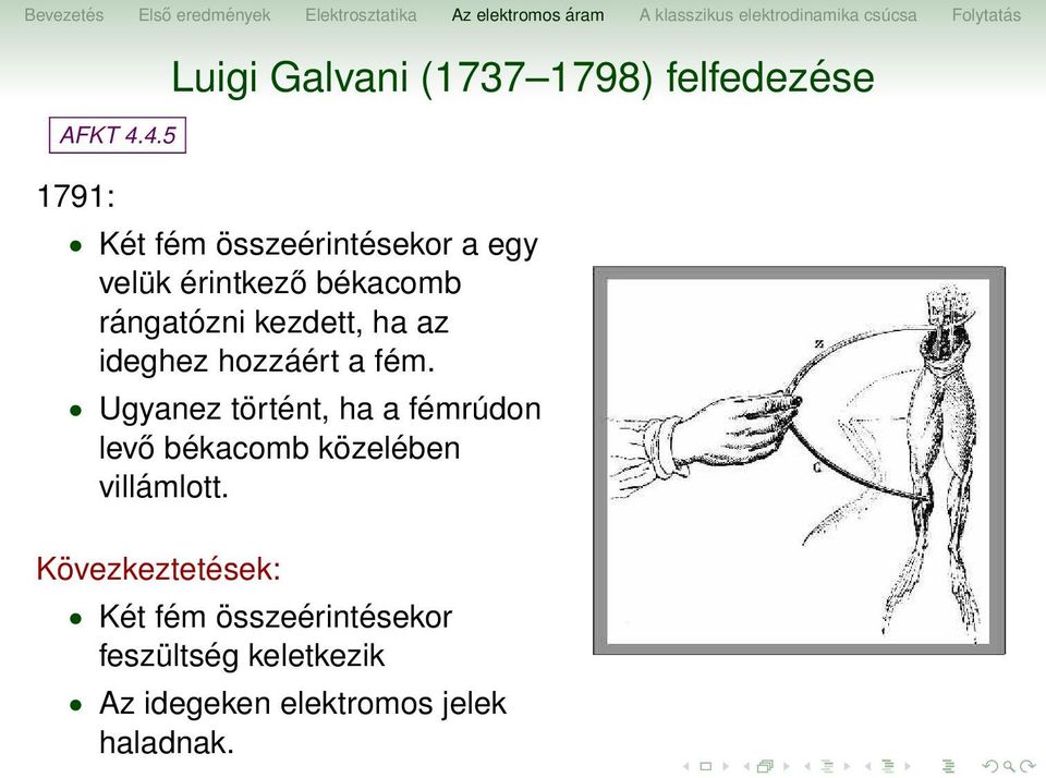 velük érintkező békacomb rángatózni kezdett, ha az ideghez hozzáért a fém.