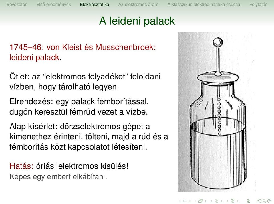 Elrendezés: egy palack fémborítással, dugón keresztül fémrúd vezet a vízbe.