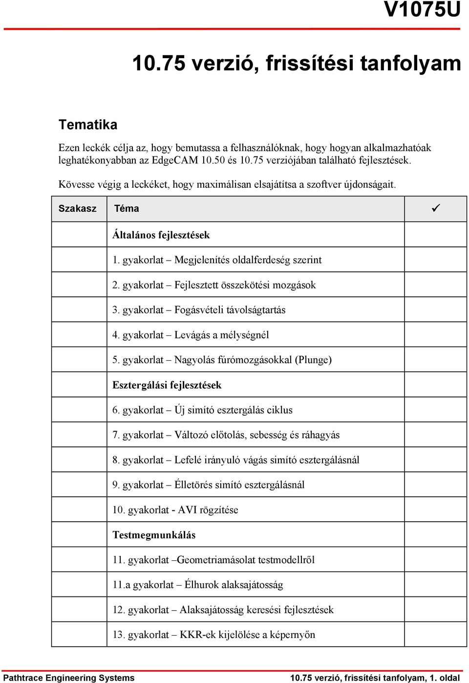 gyakorlat Megjelenítés oldalferdeség szerint 2. gyakorlat Fejlesztett összekötési mozgások 3. gyakorlat Fogásvételi távolságtartás 4. gyakorlat Levágás a mélységnél 5.