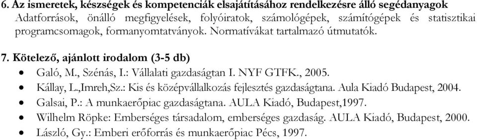 : Vállalati gazdaságtan I. NYF GTFK., 2005. Kállay, L.,Imreh,Sz.: Kis és középvállalkozás fejlesztés gazdaságtana. Aula Kiadó Budapest, 2004. Galsai, P.