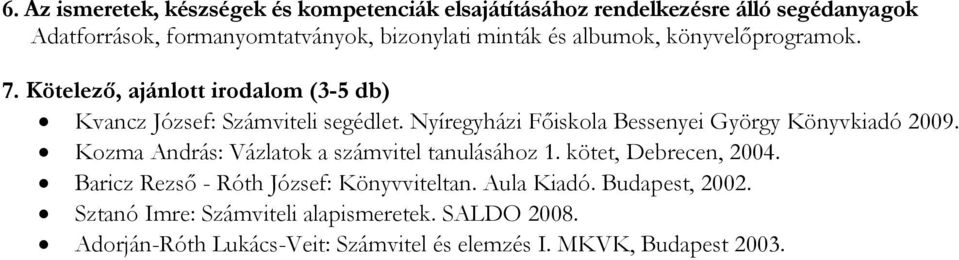 Nyíregyházi Főiskola Bessenyei György Könyvkiadó 2009. Kozma András: Vázlatok a számvitel tanulásához 1. kötet, Debrecen, 2004.