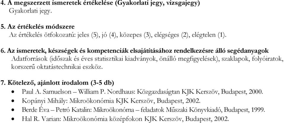 önálló megfigyelések), szaklapok, folyóiratok, korszerű oktatástechnikai eszköz. 7. Kötelező, ajánlott irodalom (3-5 db) Paul A.