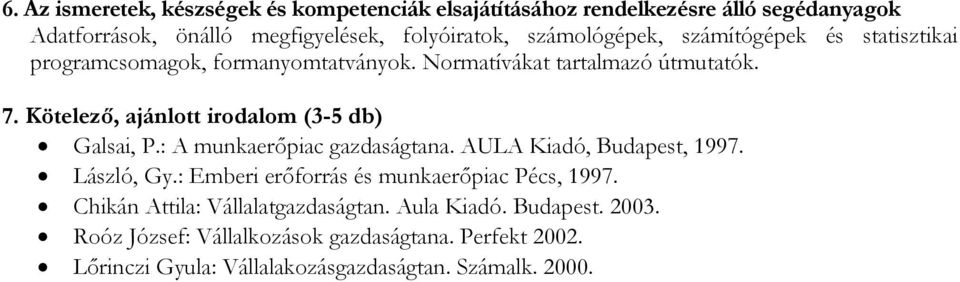 Kötelező, ajánlott irodalom (3-5 db) Galsai, P.: A munkaerőpiac gazdaságtana. AULA Kiadó, Budapest, 1997. László, Gy.