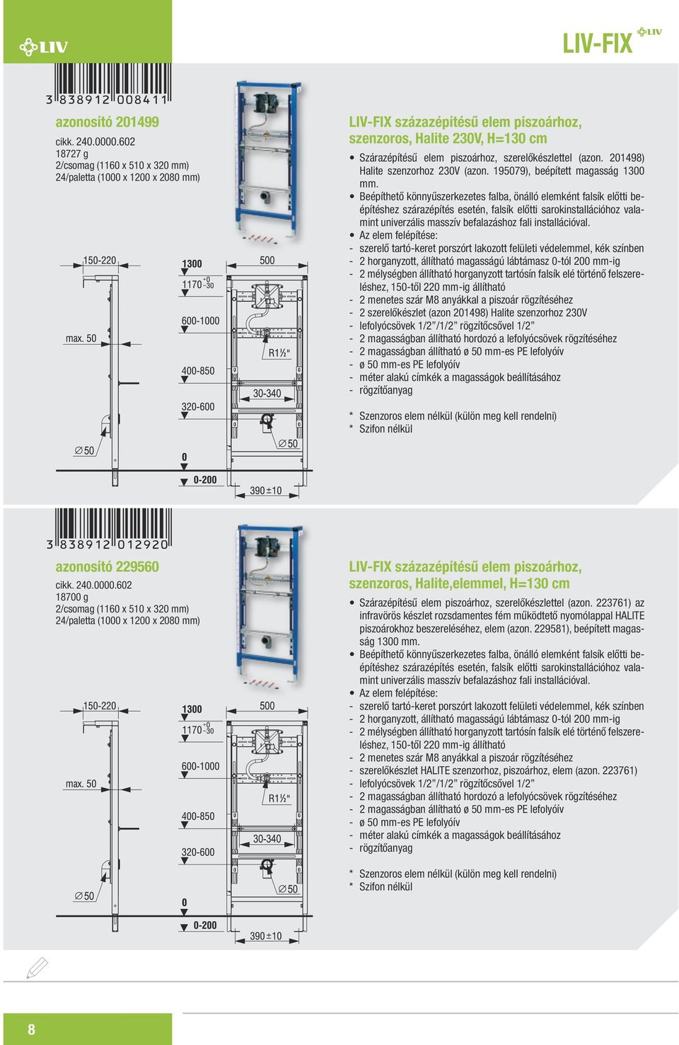 (azon. 201498) Halite szenzorhoz 230V (azon. 195079), beépített magasság 1300 mm.