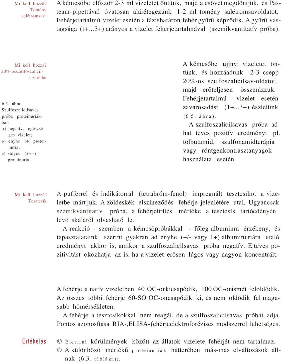 Szulfoszalicilsavas próba proteinuriákban a) negatív, egészséges vizelet; b) enyhe (+) proteinuria; e) súlyos (+++) proteinuria A kémcsőbe ujjnyi vizeletet öntünk, és hozzáadunk 2-3 csepp 20%-os