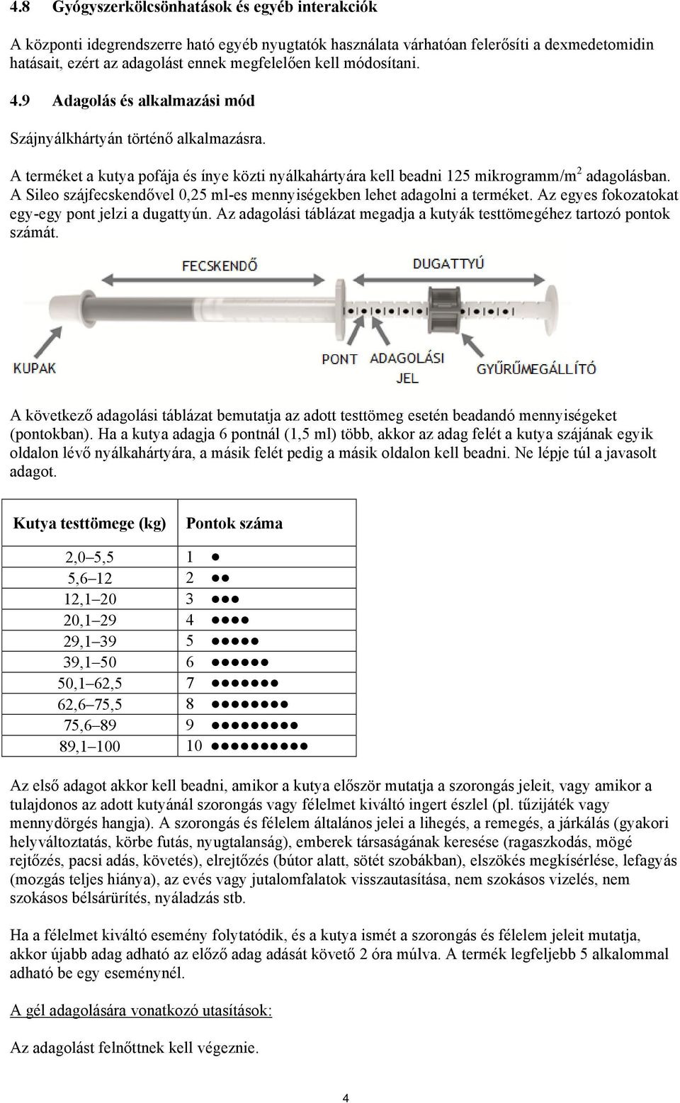 A Sileo szájfecskendővel 0,25 ml-es mennyiségekben lehet adagolni a terméket. Az egyes fokozatokat egy-egy pont jelzi a dugattyún.