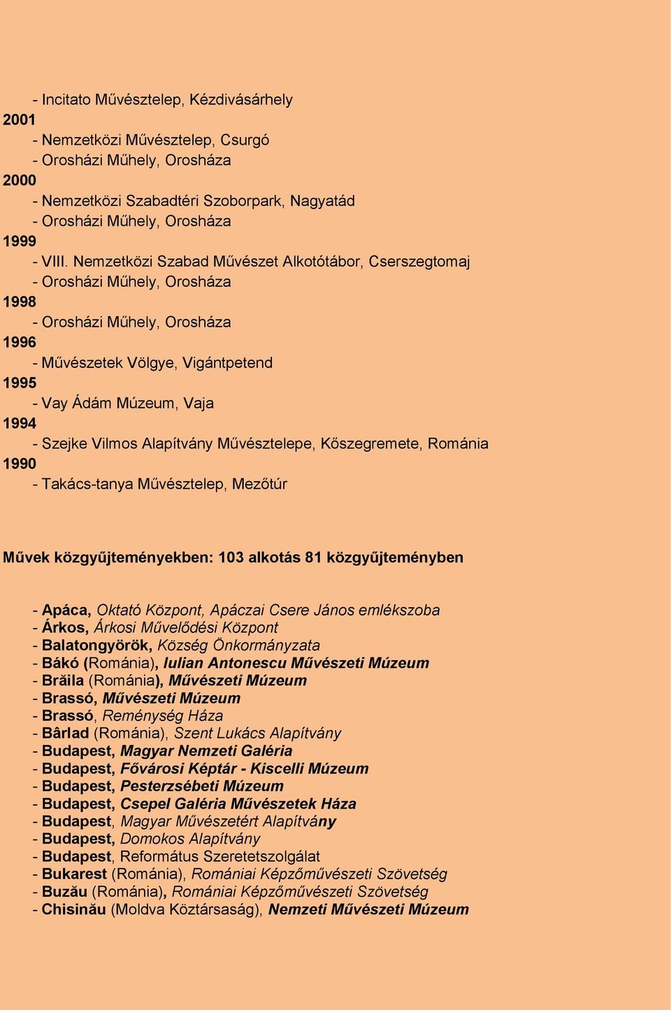 Vilmos Alapítvány Művésztelepe, Kőszegremete, Románia 1990 - Takács-tanya Művésztelep, Mezőtúr Művek közgyűjteményekben: 103 alkotás 81 közgyűjteményben - Apáca, Oktató Központ, Apáczai Csere János