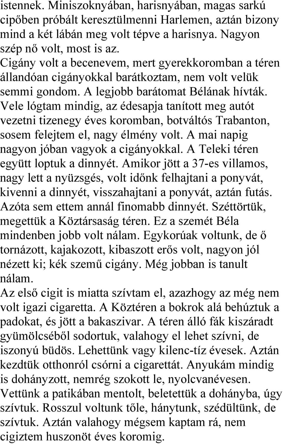 Vele lógtam mindig, az édesapja tanított meg autót vezetni tizenegy éves koromban, botváltós Trabanton, sosem felejtem el, nagy élmény volt. A mai napig nagyon jóban vagyok a cigányokkal.