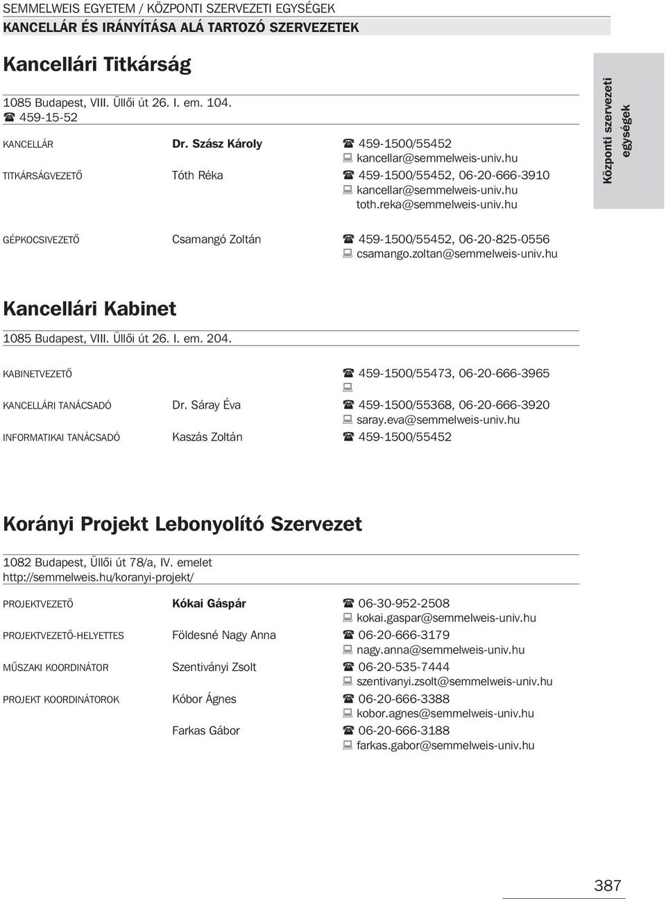 hu Központi szervezeti egységek GÉPKOCSIVEZETÕ Csamangó Zoltán 459-1500/55452, 06-20-825-0556 csamango.zoltan@semmelweis-univ.hu Kancellári Kabinet 1085 Budapest, VIII. Üllõi út 26. I. em. 204.