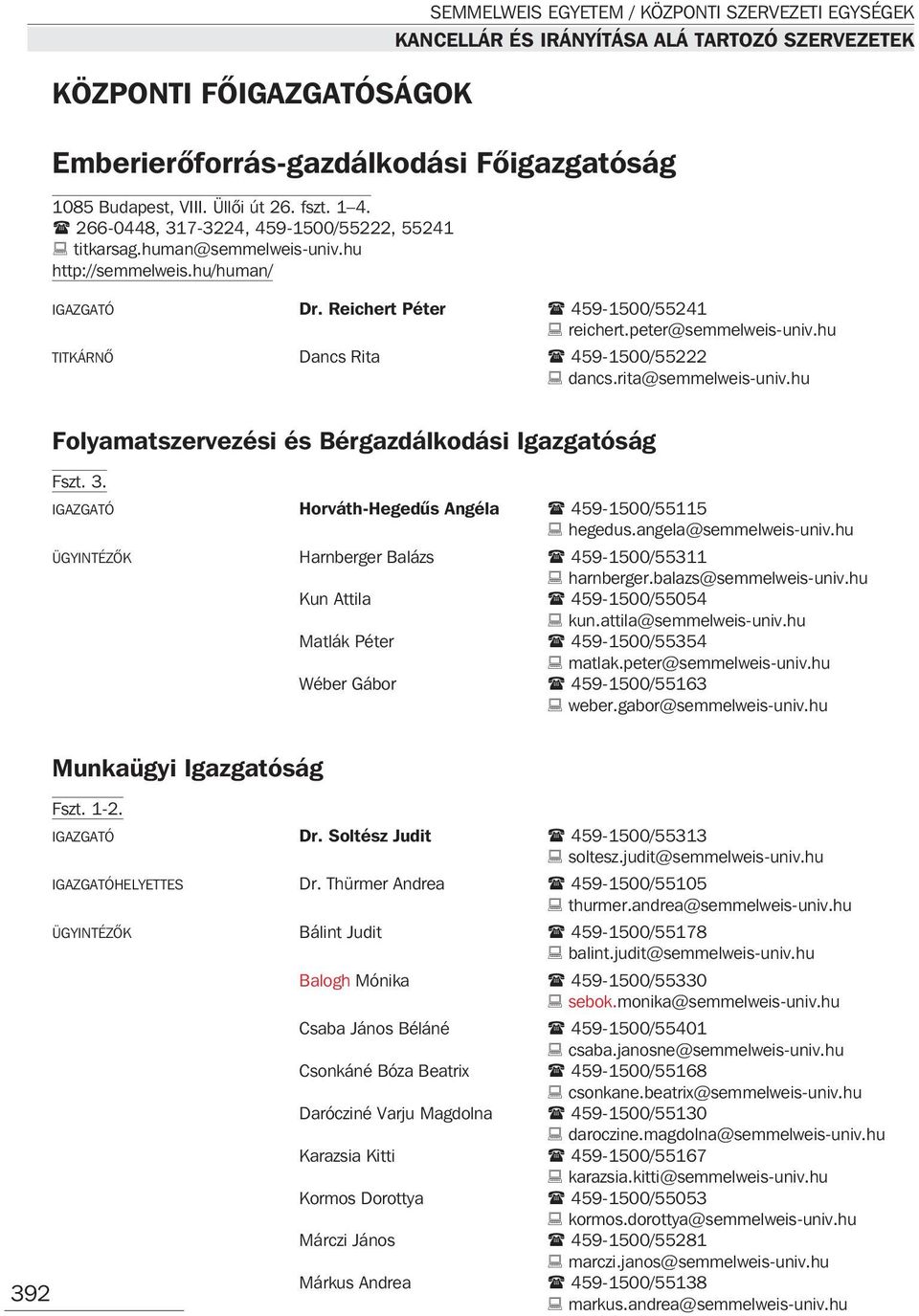 rita@semmelweis-univ.hu Folyamatszervezési és Bérgazdálkodási Igazgatóság Fszt. 3. IGAZGATÓ Horváth-Hegedûs Angéla 459-1500/55115 hegedus.angela@semmelweis-univ.