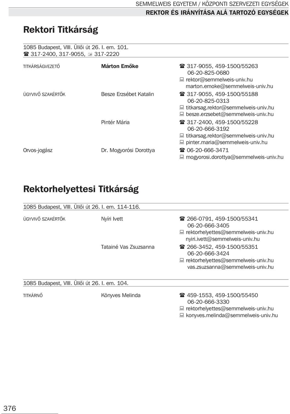 hu ÜGYVIVÕ SZAKÉRTÕK Besze Erzsébet Katalin 317-9055, 459-1500/55188 06-20-825-0313 titkarsag.rektor@semmelweis-univ.hu besze.erzsebet@semmelweis-univ.