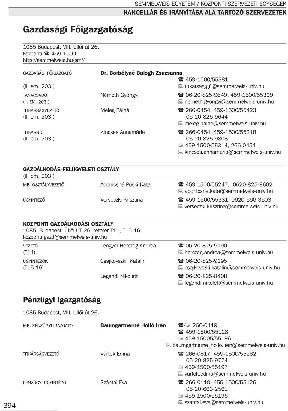 hu TITKÁRSÁGVEZETÕ Meleg Pálné 266-0454, 459-1500/55423 (II. em. 203.) 06-20-825-9644 meleg.palne@semmelweis-univ.hu TITKÁRNÕ Kincses Annamária 266-0454, 459-1500/55218 (II. em. 203.) 06-20-825-9808 459-1500/55314, 266-0454 kincses.