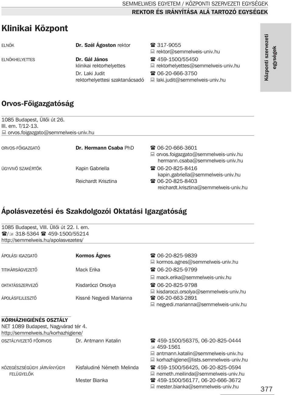 hu Központi szervezeti egységek Orvos-Fõigazgatóság 1085 Budapest, Üllõi út 26. III. em. T/12-13. orvos.foigazgato@semmelweis-univ.hu ORVOS-FÕIGAZGATÓ Dr. Hermann Csaba PhD 06-20-666-3601 orvos.