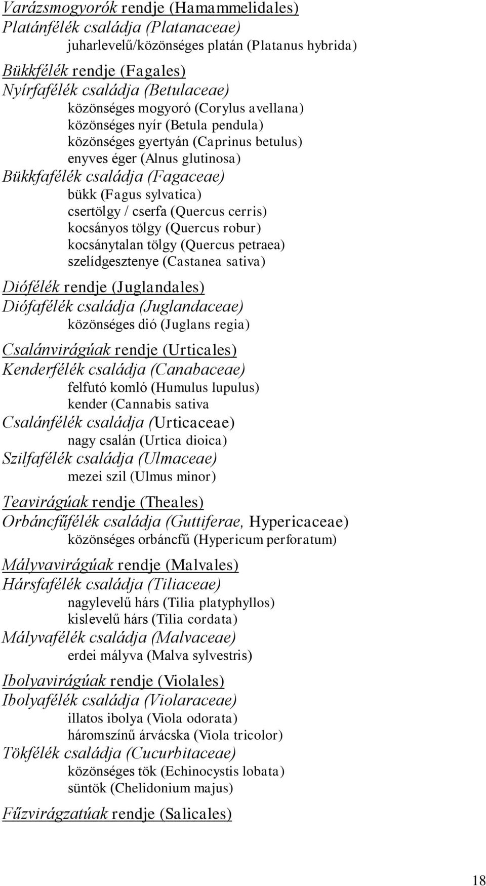 cserfa (Quercus cerris) kocsányos tölgy (Quercus robur) kocsánytalan tölgy (Quercus petraea) szelídgesztenye (Castanea sativa) Diófélék rendje (Juglandales) Diófafélék családja (Juglandaceae)