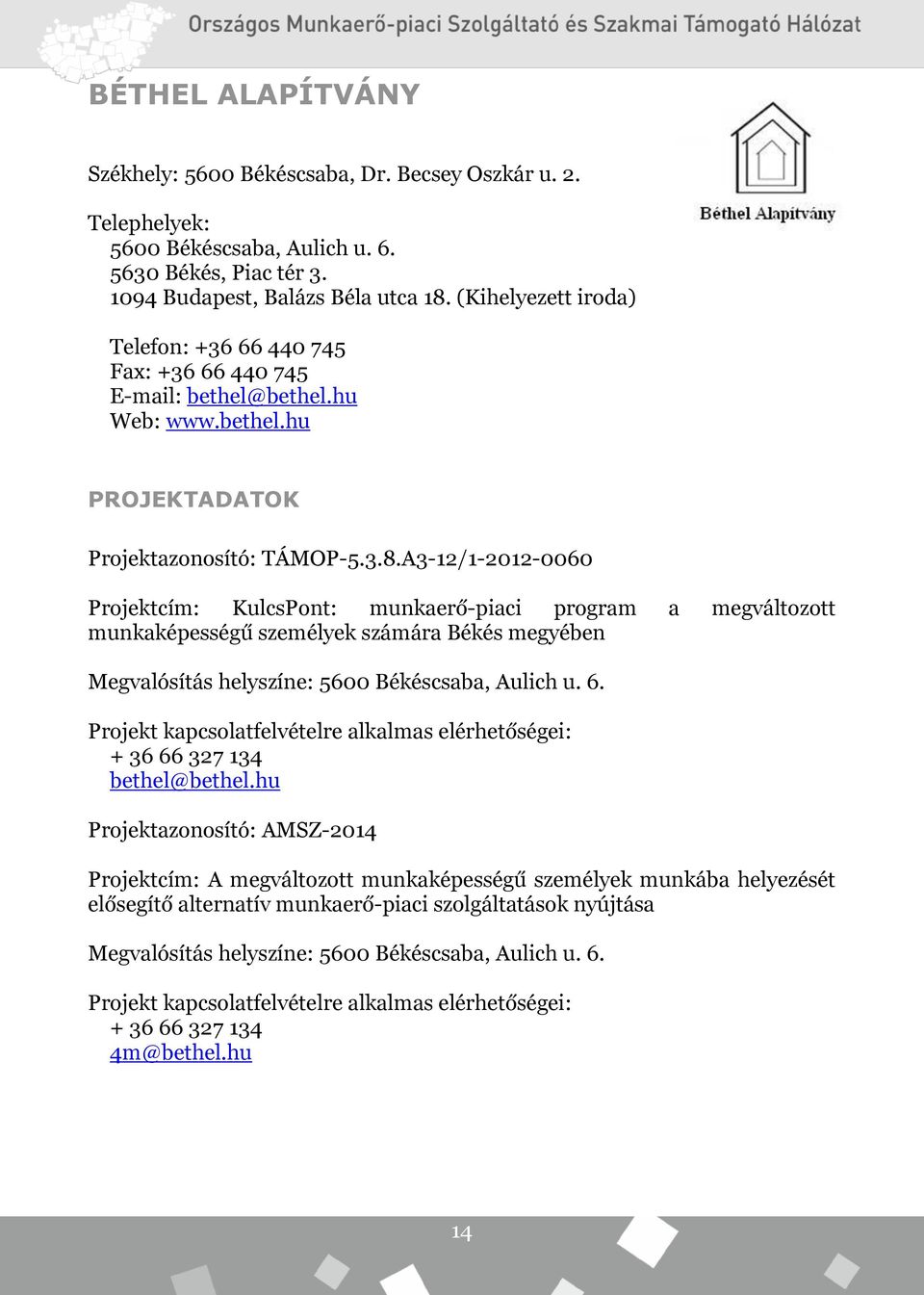 A3-12/1-2012-0060 Projektcím: KulcsPont: munkaerő-piaci program a megváltozott munkaképességű személyek számára Békés megyében Megvalósítás helyszíne: 5600 Békéscsaba, Aulich u. 6.