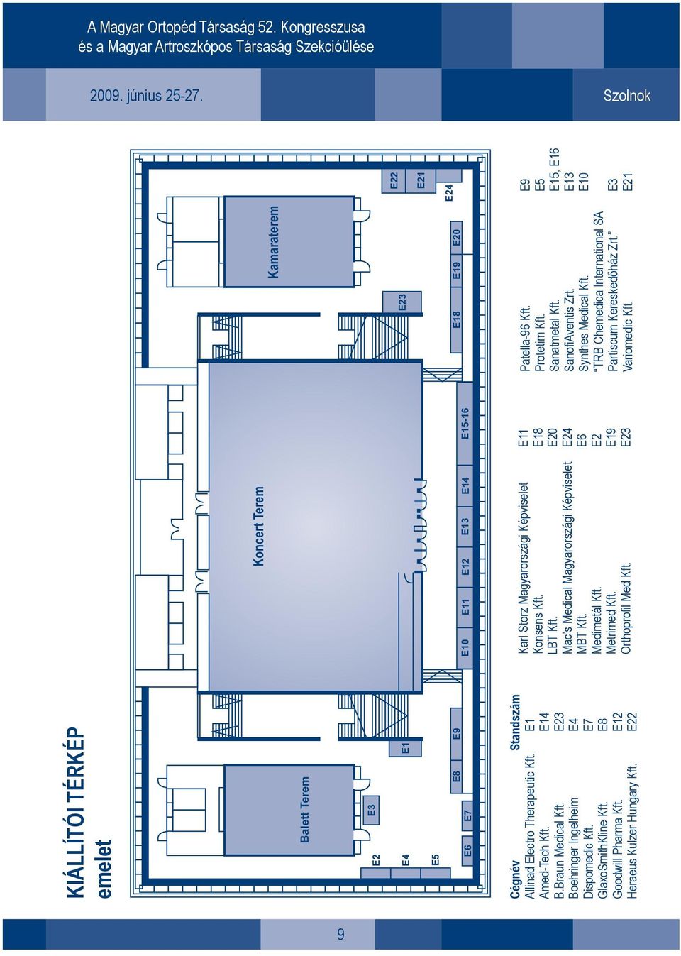 E22 Karl Storz Magyarországi Képviselet E11 Konsens Kft. E18 LBT Kft. E20 Mac s Medical Magyarországi Képviselet E24 MBT Kft. E6 Medimetál Kft. E2 Metrimed Kft.