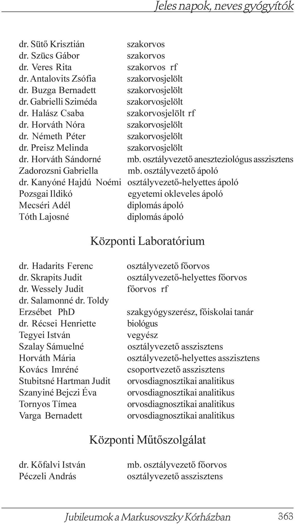 Kanyóné Hajdú Noémi osztályvezetõ-helyettes ápoló Pozsgai Ildikó egyetemi okleveles ápoló Mecséri Adél Tóth Lajosné Központi Laboratórium dr. Hadarits Ferenc dr. Skrapits Judit dr. Wessely Judit dr.