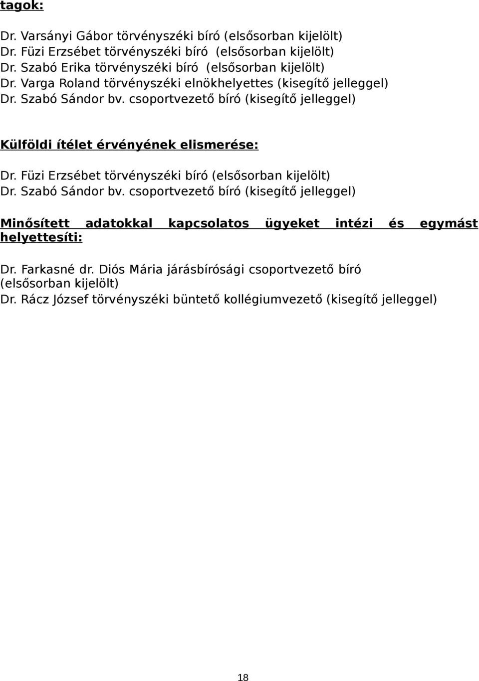 csoportvezető bíró Külföldi ítélet érvényének elismerése: Dr. Füzi Erzsébet bíró (elsősorban kijelölt) Dr. Szabó Sándor bv.