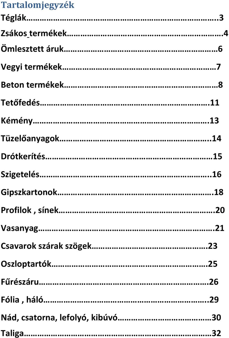 13 Tüzelőanyagok..14 Drótkerítés 15 Szigetelés..16 Gipszkartonok.