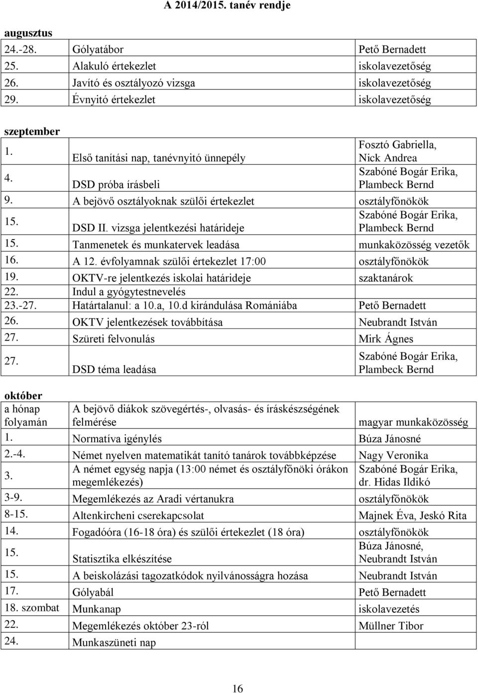 A bejövő osztályoknak szülői értekezlet osztályfőnökök 15. Szabóné Bogár Erika, DSD II. vizsga jelentkezési határideje Plambeck Bernd 15. Tanmenetek és munkatervek leadása munkaközösség vezetők 16.