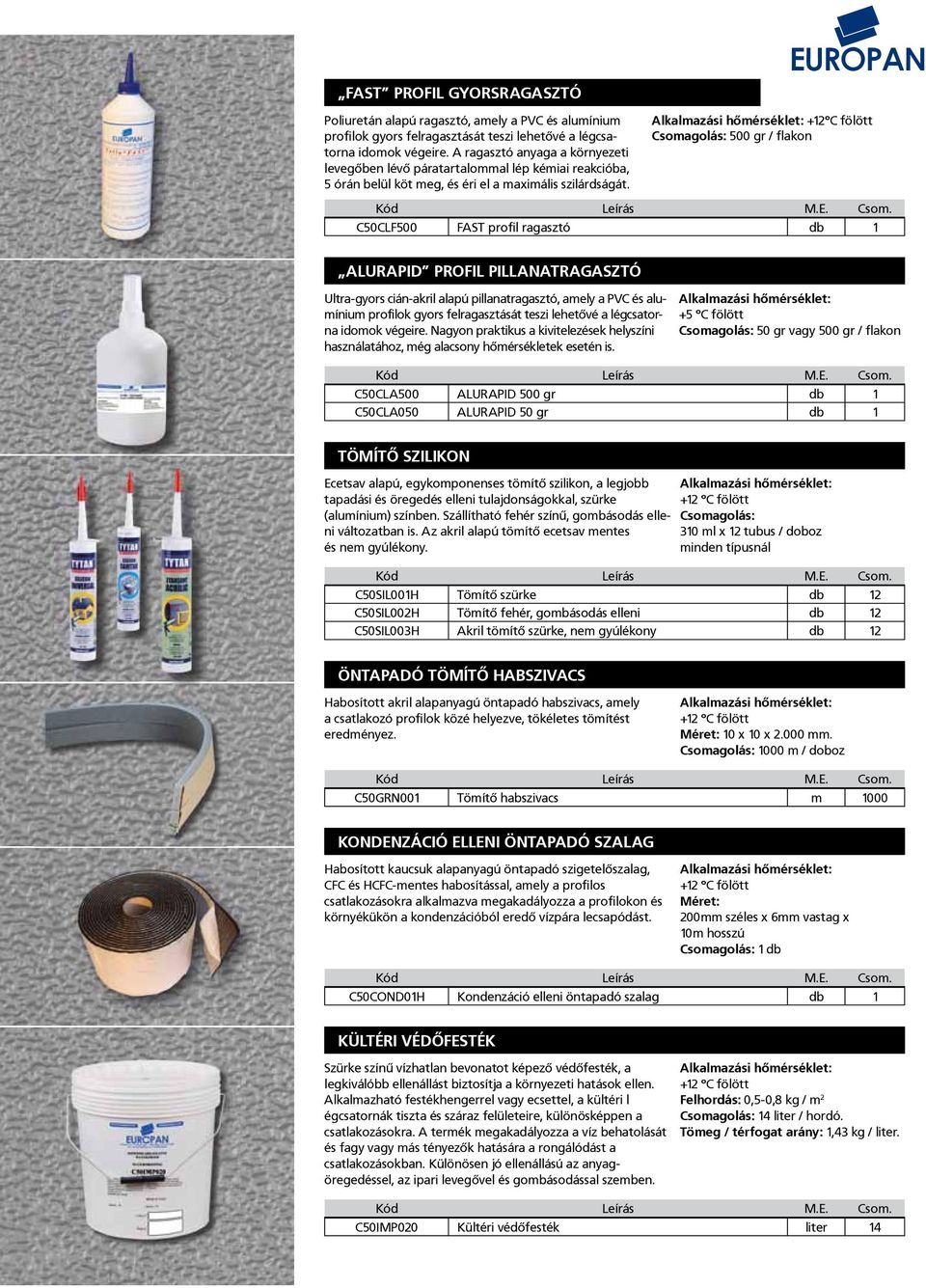 +12ºC fölött 500 gr / flakon C50CLF500 FAST profil ragasztó db 1 ALURAPID PROFIL PILLANATRAGASZTÓ Ultra-gyors cián-akril alapú pillanatragasztó, amely a PVC és alumínium profilok gyors felragasztását