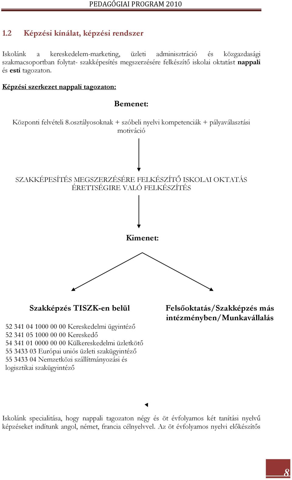 és esti tagozaton. Képzési szerkezet nappali tagozaton: Bemenet: Központi felvételi 8.