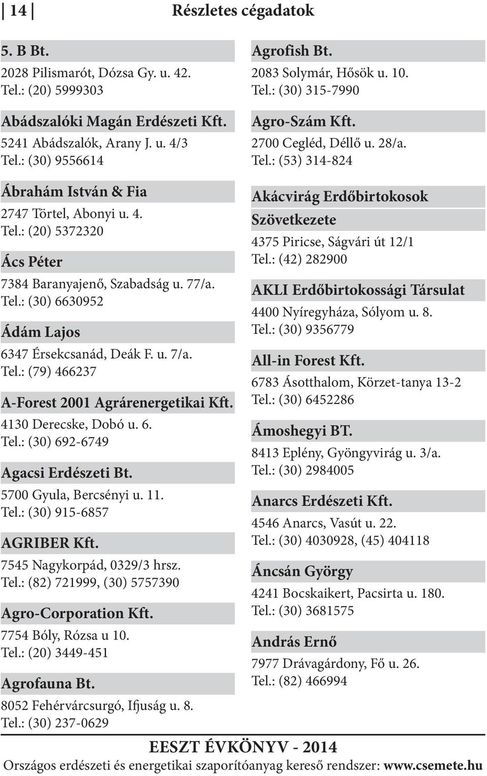 77/a. Tel.: (30) 6630952 Ádám Lajos 6347 Érsekcsanád, Deák F. u. 7/a. Tel.: (79) 466237 A-Forest 2001 Agrárenergetikai Kft. 4130 Derecske, Dobó u. 6. Tel.: (30) 692-6749 Agacsi Erdészeti Bt.