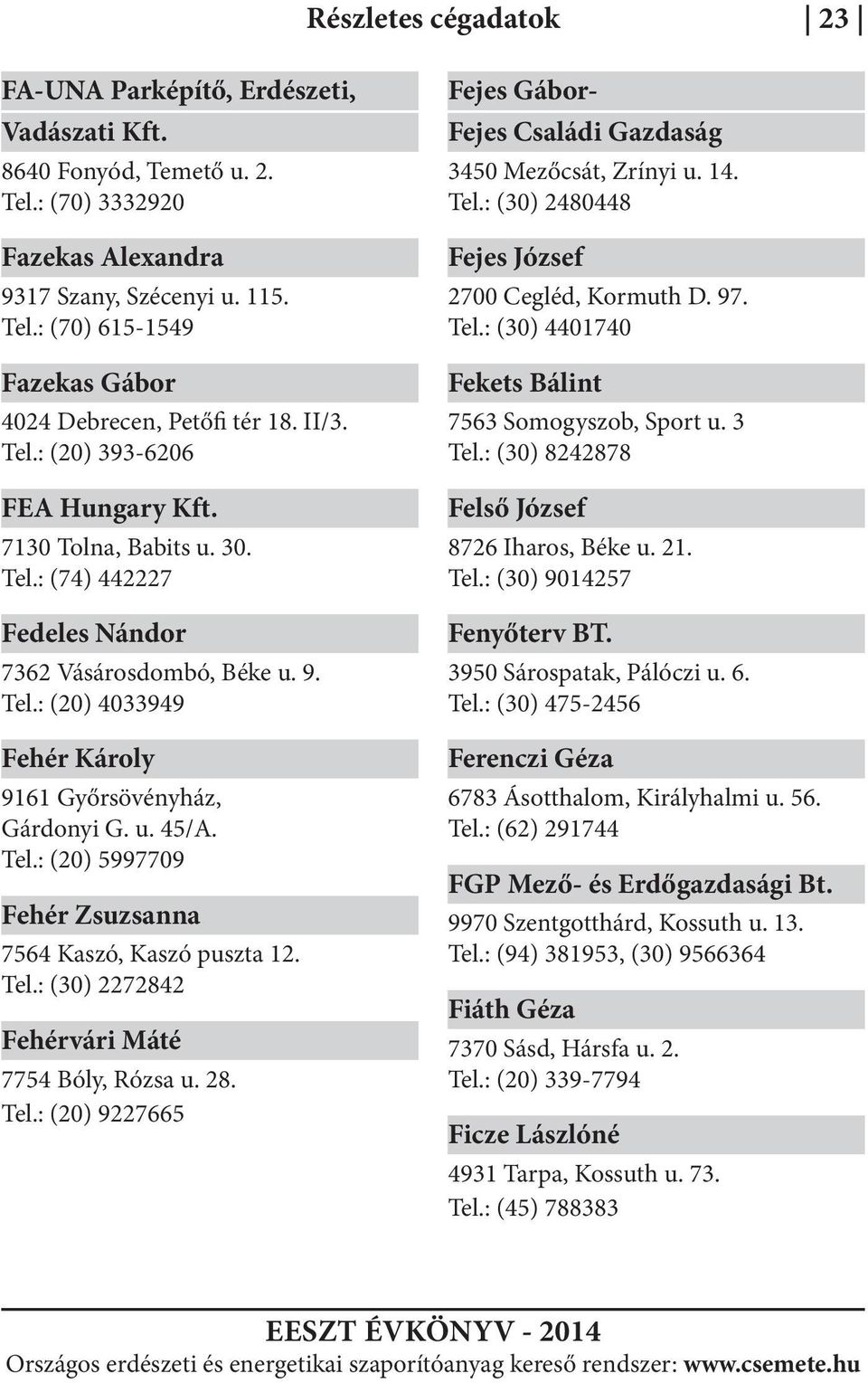 Tel.: (20) 5997709 Fehér Zsuzsanna 7564 Kaszó, Kaszó puszta 12. Tel.: (30) 2272842 Fehérvári Máté 7754 Bóly, Rózsa u. 28. Tel.: (20) 9227665 - Fejes Családi Gazdaság 3450, Zrínyi u. 14. Tel.: (30) 2480448 Fejes József 2700 Cegléd, Kormuth D.