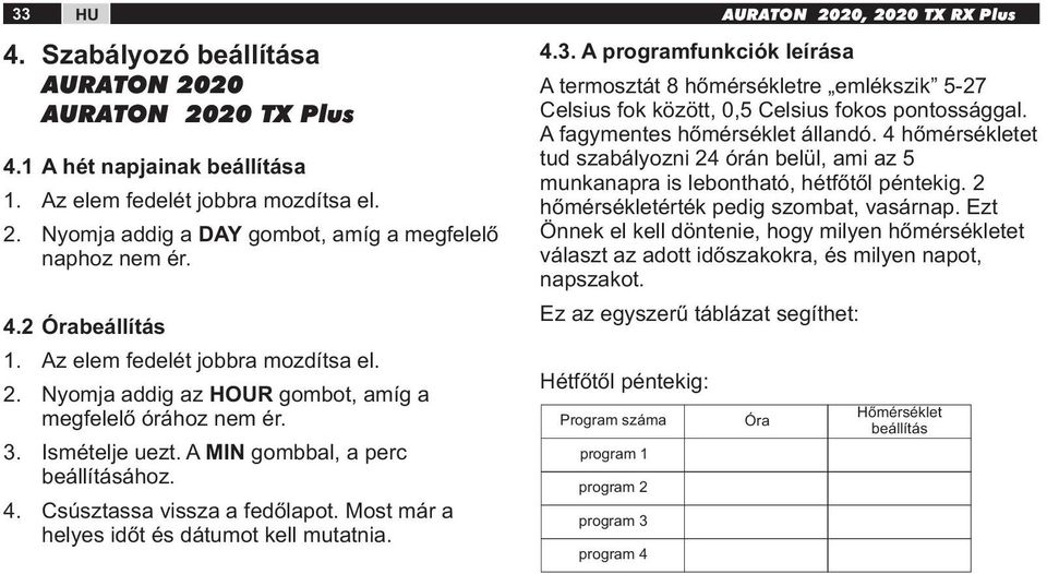 Most már a helyes időt és dátumot kell mutatnia. 4.3. A programfunkciók leírása A termosztát 8 hőmérsékletre emlékszik 5-27 Celsius fok között, 0,5 Celsius fokos pontossággal.