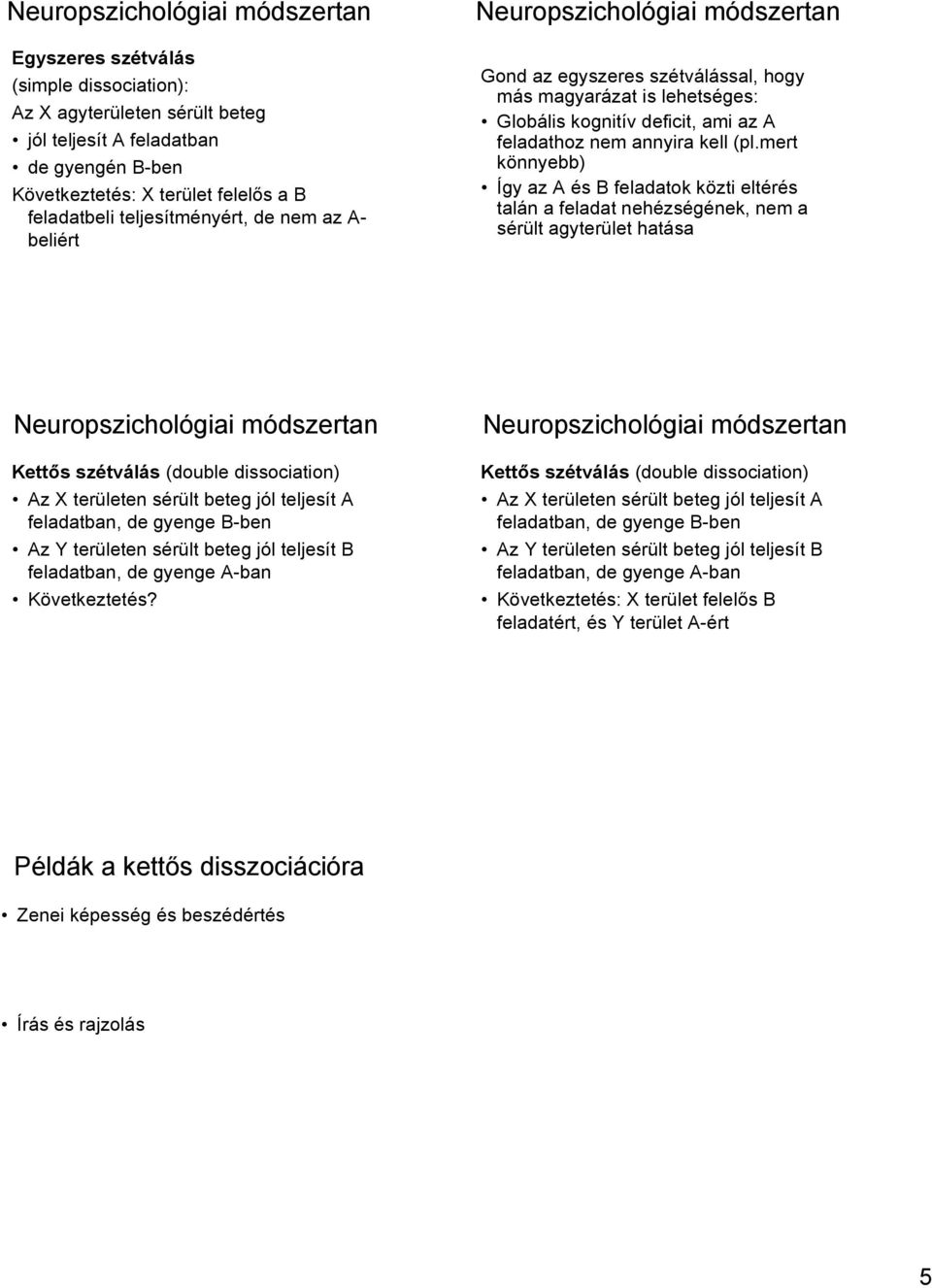 mert könnyebb) Így az A és B feladatok közti eltérés talán a feladat nehézségének, nem a sérült agyterület hatása Kettős szétválás (double dissociation) Az X területen sérült beteg l teljesít A